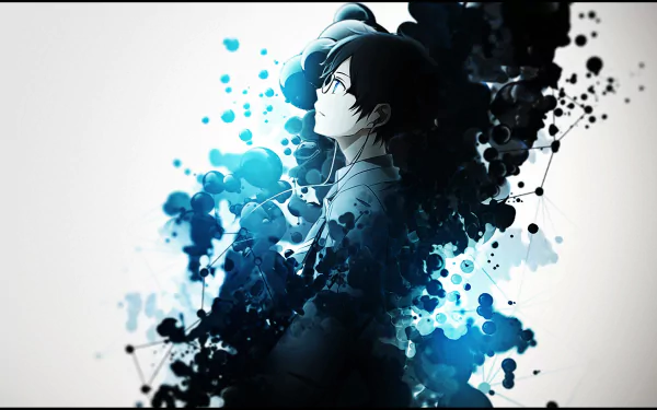 HD desktop wallpaper of Kousei Arima from the anime Your Lie in April, featuring an abstract design with splashes of black and blue surrounding the character.