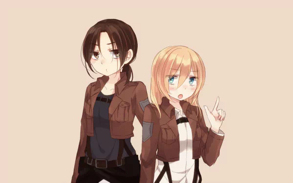 HD anime desktop wallpaper featuring Ymir and Historia Reiss from Attack on Titan, showcasing their distinct styles and expressions against a neutral background.