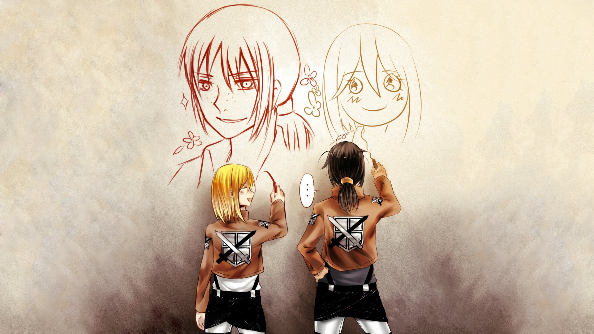 Ymir and Historia Reiss from Attack on Titan draw their own portraits on a wall in this HD anime desktop wallpaper.