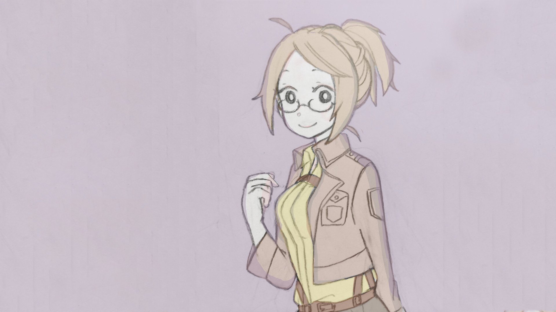 Hange Zoë from Attack on Titan anime, smiling in Survey Corps uniform, sketch-style HD PC desktop wallpaper with a soft pastel background.