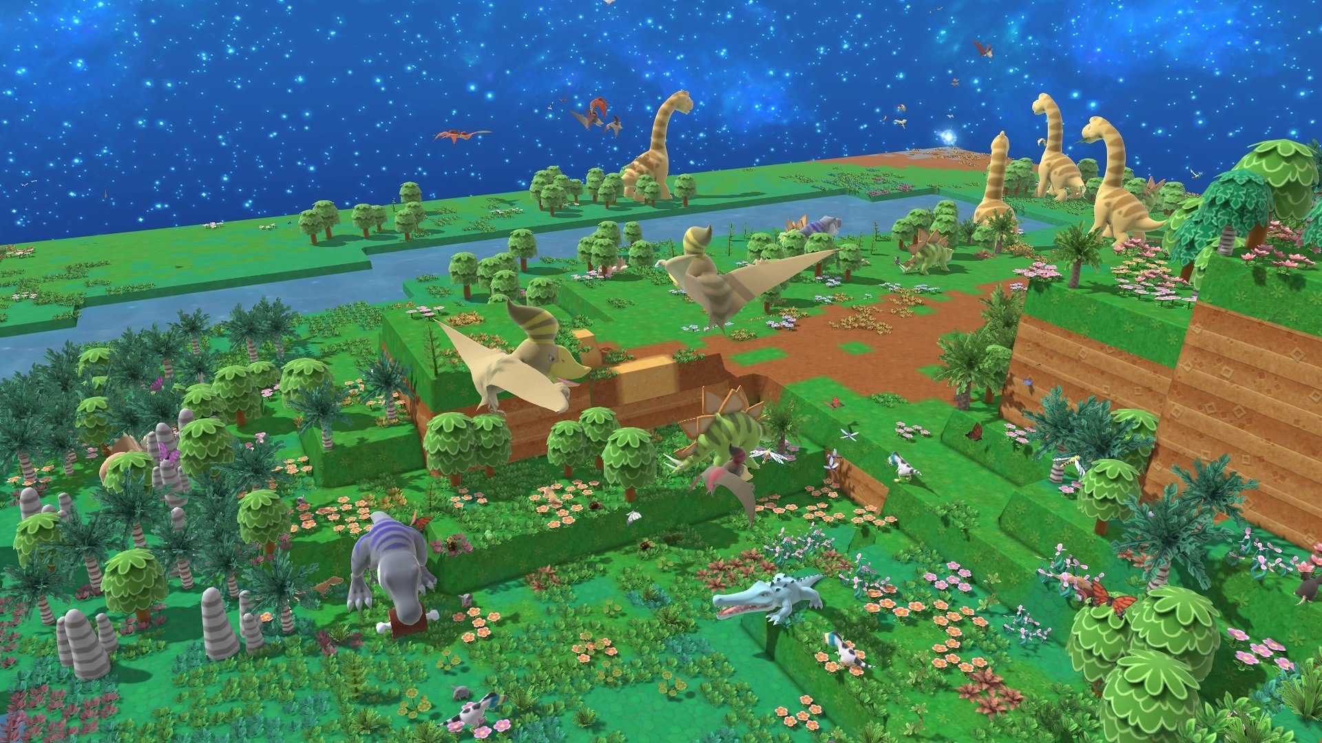 HD wallpaper of Birthdays the Beginning game with a vibrant prehistoric landscape under a starry sky.