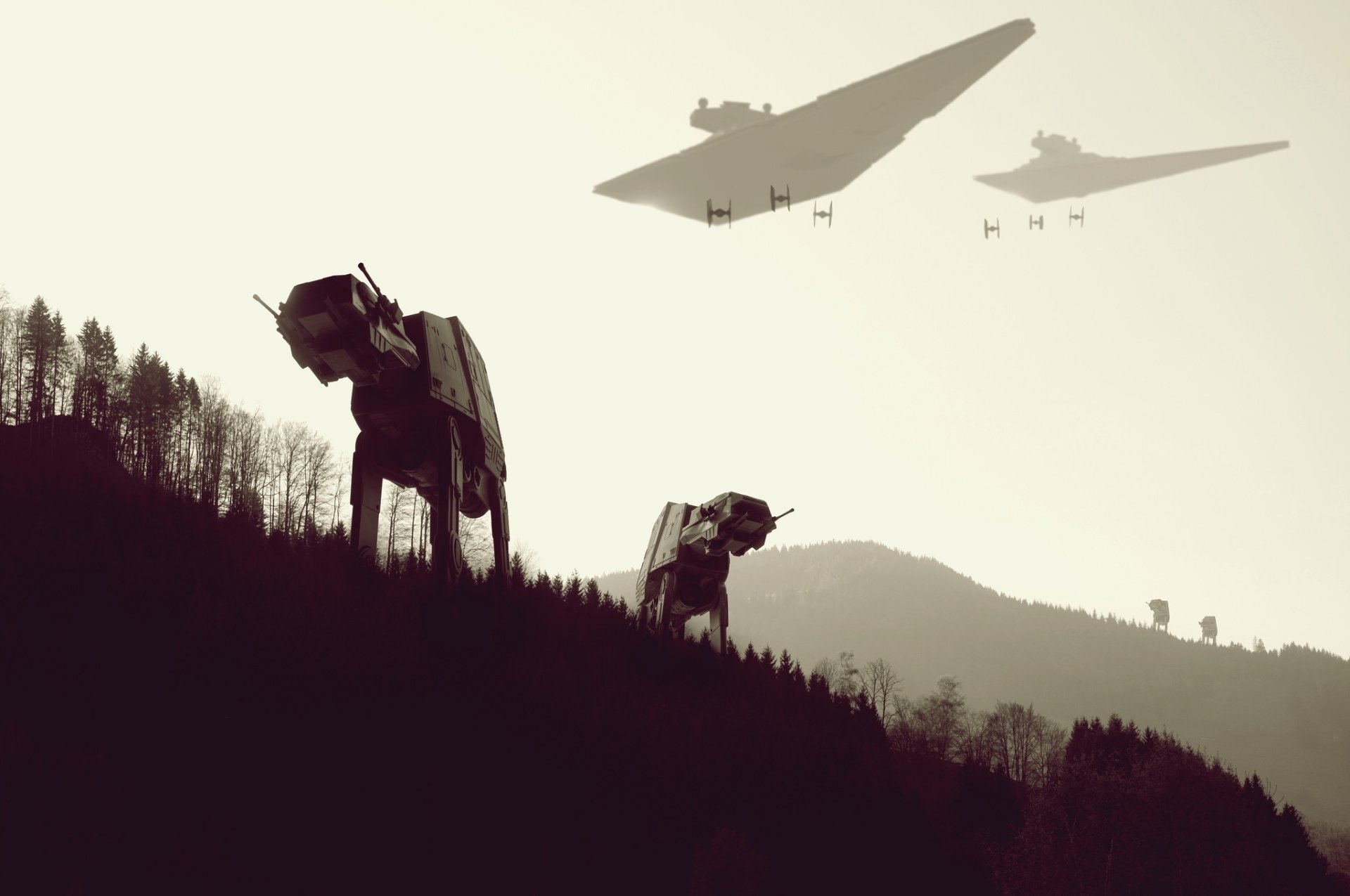 HD Star Wars desktop wallpaper featuring AT-AT Walkers moving through a forested landscape, with Star Destroyers and TIE fighters flying overhead in a sci-fi scene.
