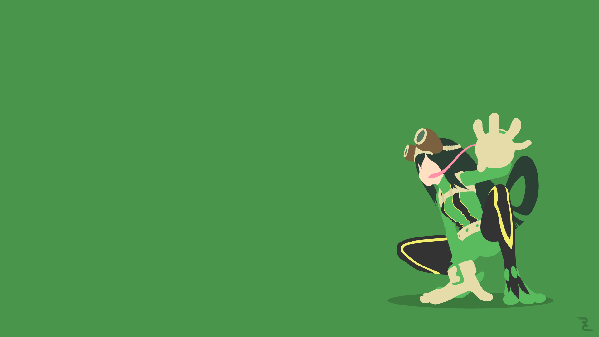 Tsuyu Asui from My Hero Academia crouches in a froglike hero pose at the lower-right against a solid green 4K Ultra HD PC desktop wallpaper background.