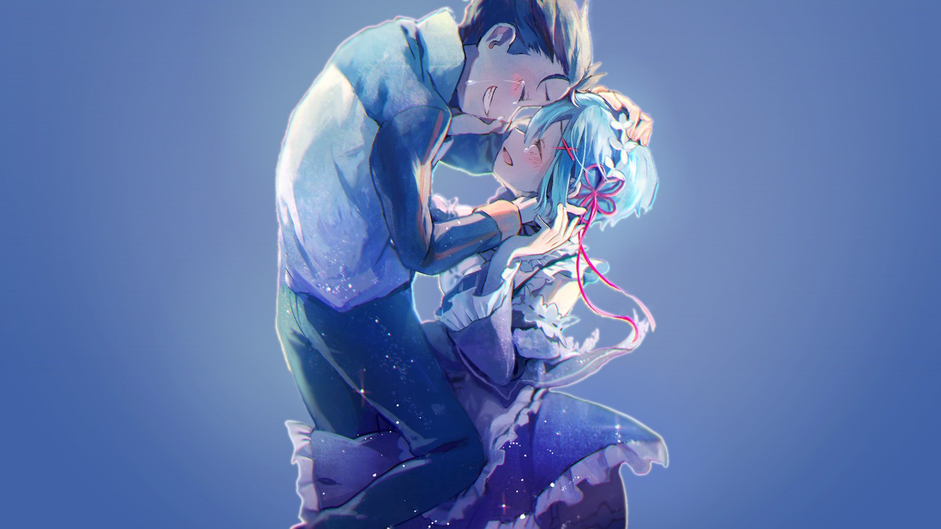 HD wallpaper of Subaru Natsuki and Rem from the anime Re:Zero - Starting Life in Another World, featuring an emotional embrace against a soft blue background.