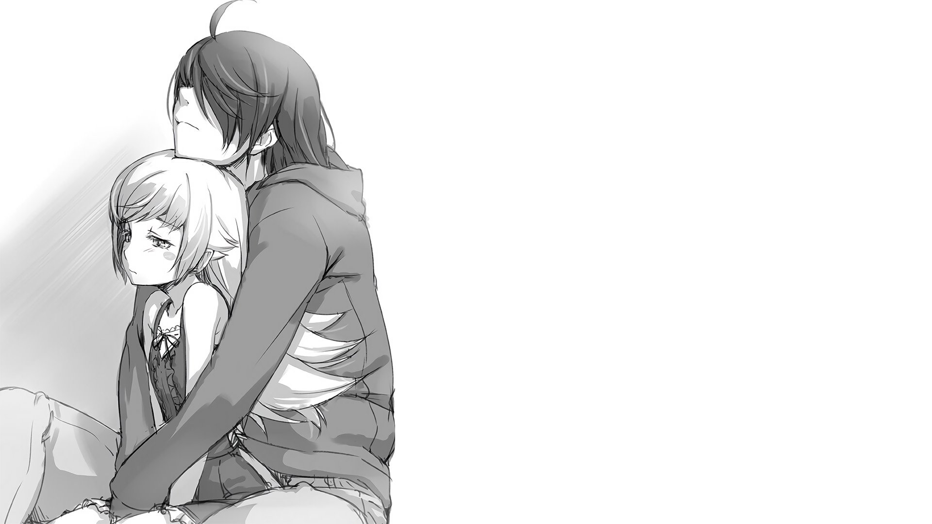 Black and white HD desktop wallpaper featuring Shinobu Oshino and Koyomi Araragi from the anime Monogatari series, with Araragi resting his head on Shinobu's head while hugging her from behind.