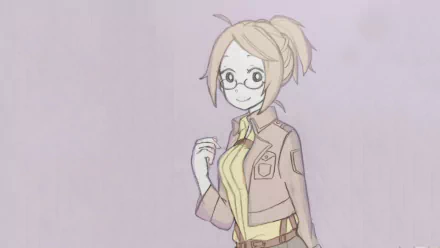 Hange Zoë from Attack on Titan anime, smiling in Survey Corps uniform, sketch-style HD PC desktop wallpaper with a soft pastel background.