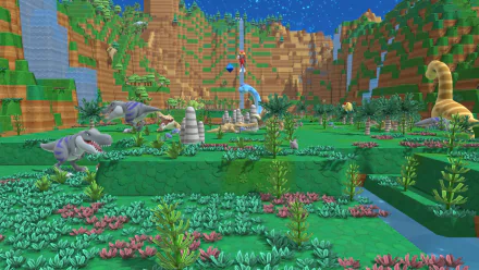 HD desktop wallpaper showing a vibrant scene from the game 'Birthdays the Beginning', teeming with colorful prehistoric creatures and lush vegetation.