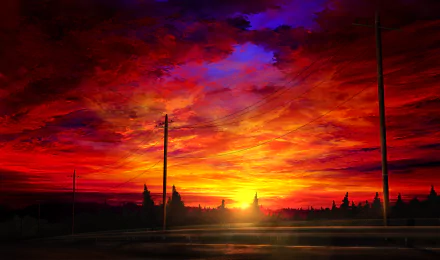 A stunning anime-inspired HD desktop wallpaper featuring an original artwork of a vibrant sunset with rich red, orange, and purple hues, power lines, and silhouettes of trees against the glowing sky.