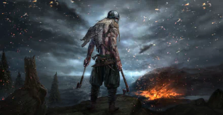 4K Ultra HD PC wallpaper of a Viking warrior from the video game Ancestors Legacy, standing with axes amid a dark, fiery battlefield under a stormy sky.