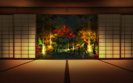 HD desktop wallpaper featuring an artistic Japanese interior with shoji screens framing a vibrant tree in a serene garden.