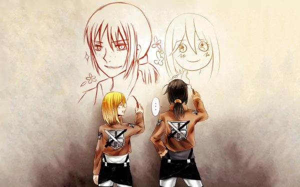 Ymir and Historia Reiss from Attack on Titan draw their own portraits on a wall in this HD anime desktop wallpaper.