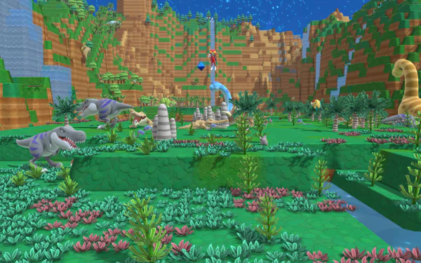 HD desktop wallpaper showing a vibrant scene from the game 'Birthdays the Beginning', teeming with colorful prehistoric creatures and lush vegetation.