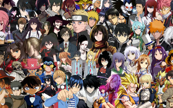 HD desktop wallpaper depicting a vibrant anime crossover with numerous characters from various series. The detailed artwork showcases a mix of familiar faces in a colorful collage.