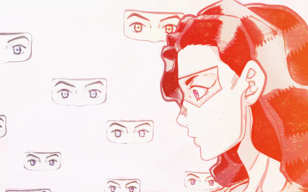 HD PC desktop wallpaper featuring Yukako Yamagishi from Jojo's Bizarre Adventure with a stylized red and white color scheme and multiple eye illustrations in the background.