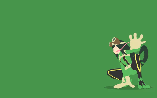 Tsuyu Asui from My Hero Academia crouches in a froglike hero pose at the lower-right against a solid green 4K Ultra HD PC desktop wallpaper background.