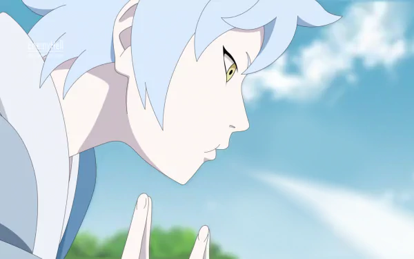 4K Ultra HD anime desktop wallpaper featuring Mitsuki from Boruto, showcasing his focused expression against a bright sky background.