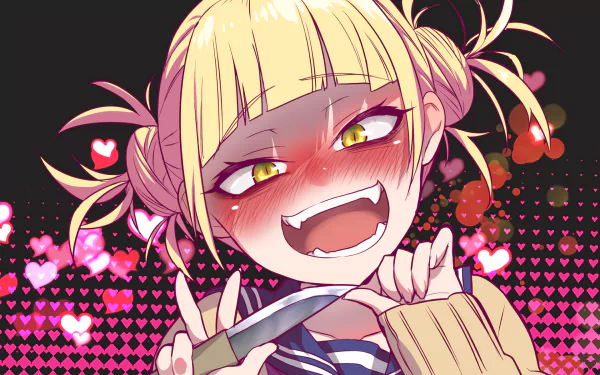 HD desktop wallpaper of Himiko Toga, a character from the anime My Hero Academia, featuring a close-up of her smiling mischievously with a knife, against a background of pink and red hearts.