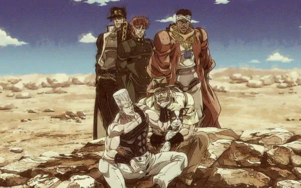 HD desktop wallpaper featuring characters Noriaki Kakyoin, Muhammad Avdol, Jotaro Kujo, Joseph Joestar, Iggy, and Jean Pierre Polnareff from Jojo's Bizarre Adventure standing in a desert landscape.