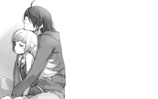 Black and white HD desktop wallpaper featuring Shinobu Oshino and Koyomi Araragi from the anime Monogatari series, with Araragi resting his head on Shinobu's head while hugging her from behind.