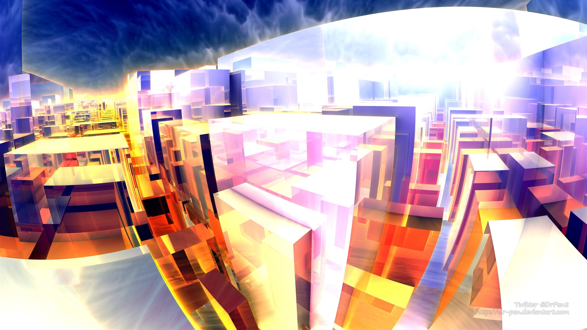 A vibrant, colorful 3D abstract fractal cityscape created with Mandelbulb 3D, featuring geometric shapes and dynamic lighting in 4K Ultra HD CGI detail.