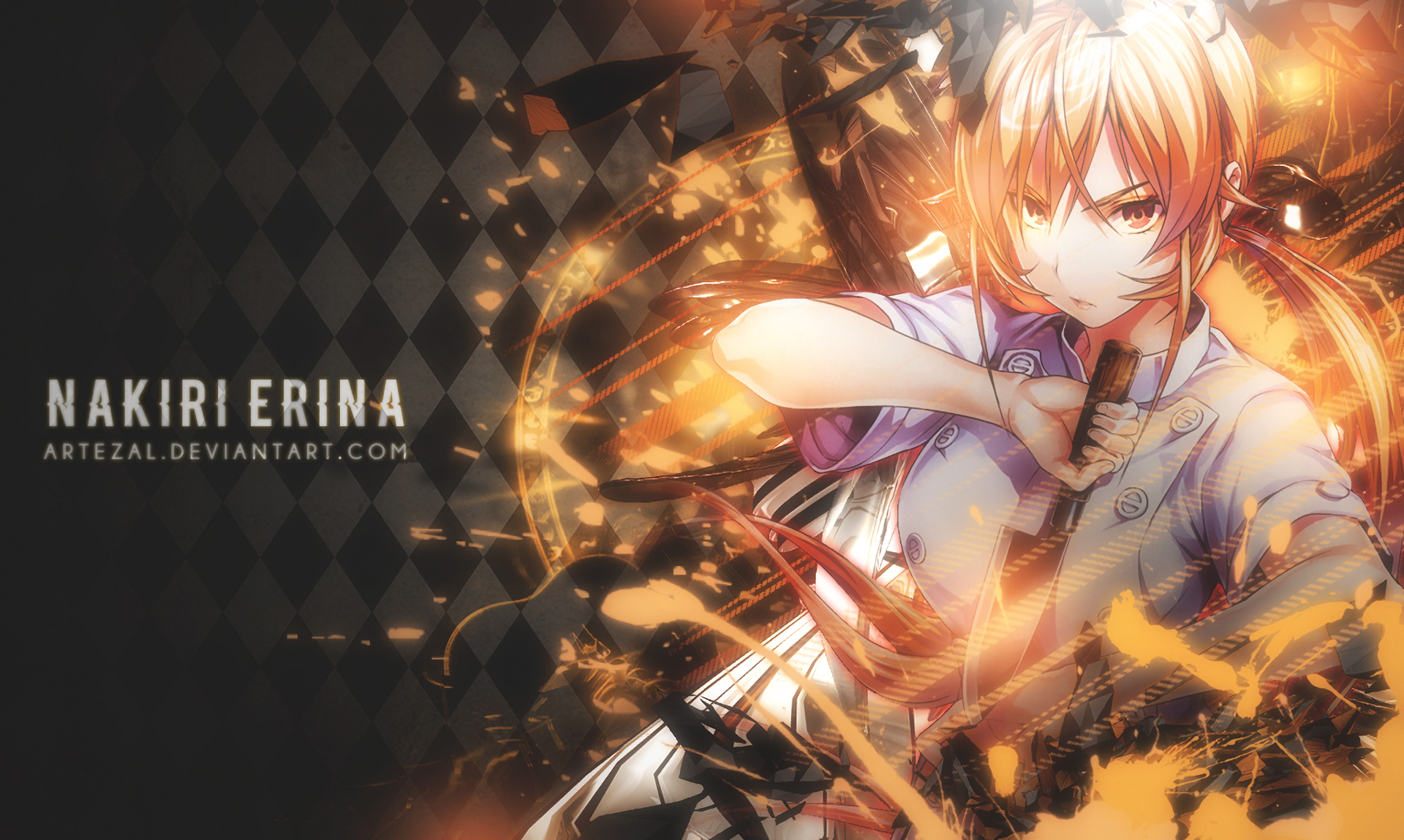HD desktop wallpaper of Erina Nakiri from the anime Food Wars: Shokugeki no Soma, designed by Artezal. The image features a dynamic and intense portrayal of the character with vibrant and fiery graphics.