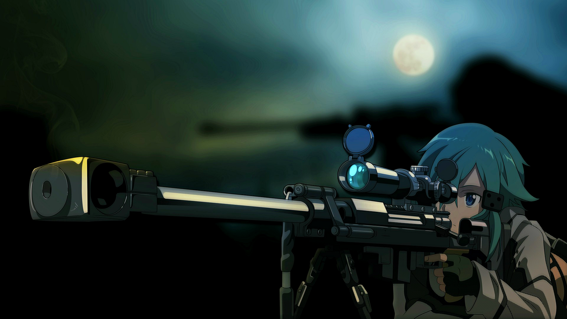 HD desktop wallpaper of Sinon from Sword Art Online II, aiming a sniper rifle against a dark, moonlit background.