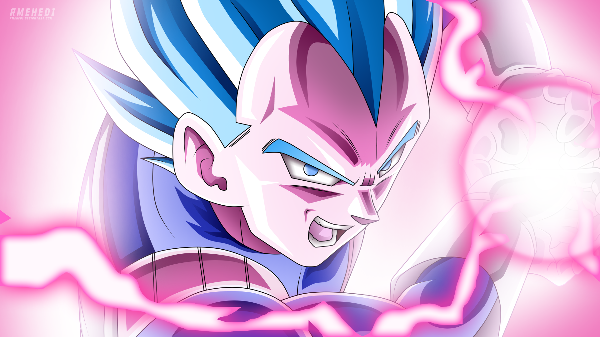 Vegeta from Dragon Ball Super in vibrant anime style, depicted with blue hair and intense energy, featured in a 4K Ultra HD PC desktop wallpaper.