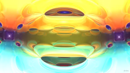 3D CGI abstract glass fractal with vibrant yellow and rainbow hues, creating a smooth, reflective HD desktop wallpaper background.