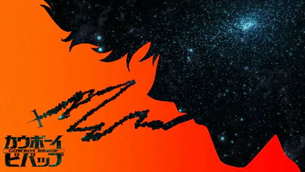 HD PC desktop wallpaper of Spike Spiegel from the anime Cowboy Bebop, featuring a cosmic silhouette against a vibrant orange background.