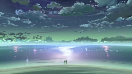 HD desktop wallpaper of 5 Centimeters per Second anime featuring two characters standing on a serene beach under a beautiful, star-filled night sky.
