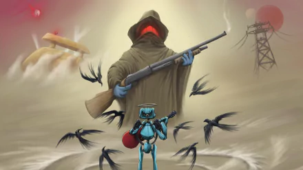 HD PC desktop wallpaper featuring Canti from the anime FLCL, standing in front of a hooded figure with a rifle amid swirling birds and a muted, atmospheric background.