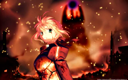 Saber from Fate/Stay Night stands amidst a fiery, war-torn background. The wallpaper features dynamic lighting and intense colors, capturing the anime’s dramatic essence.