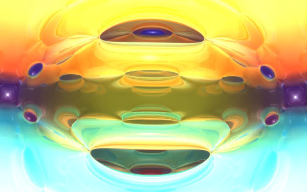 3D CGI abstract glass fractal with vibrant yellow and rainbow hues, creating a smooth, reflective HD desktop wallpaper background.