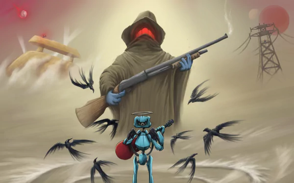 HD PC desktop wallpaper featuring Canti from the anime FLCL, standing in front of a hooded figure with a rifle amid swirling birds and a muted, atmospheric background.