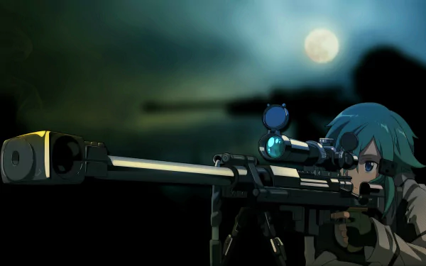 HD desktop wallpaper of Sinon from Sword Art Online II, aiming a sniper rifle against a dark, moonlit background.