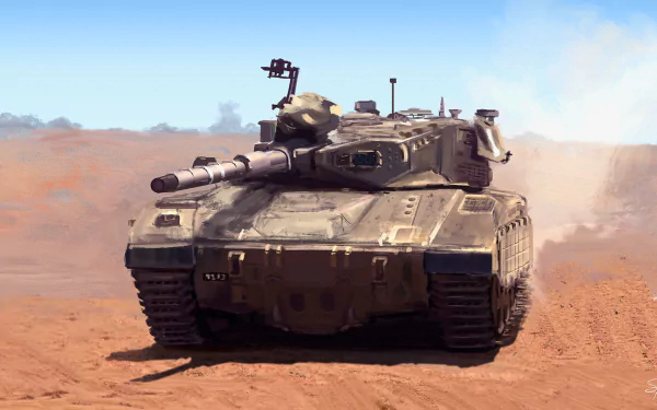 HD PC desktop wallpaper/background: Merkava main battle tank in a desert, military vehicle kicking up dust under a clear blue sky.