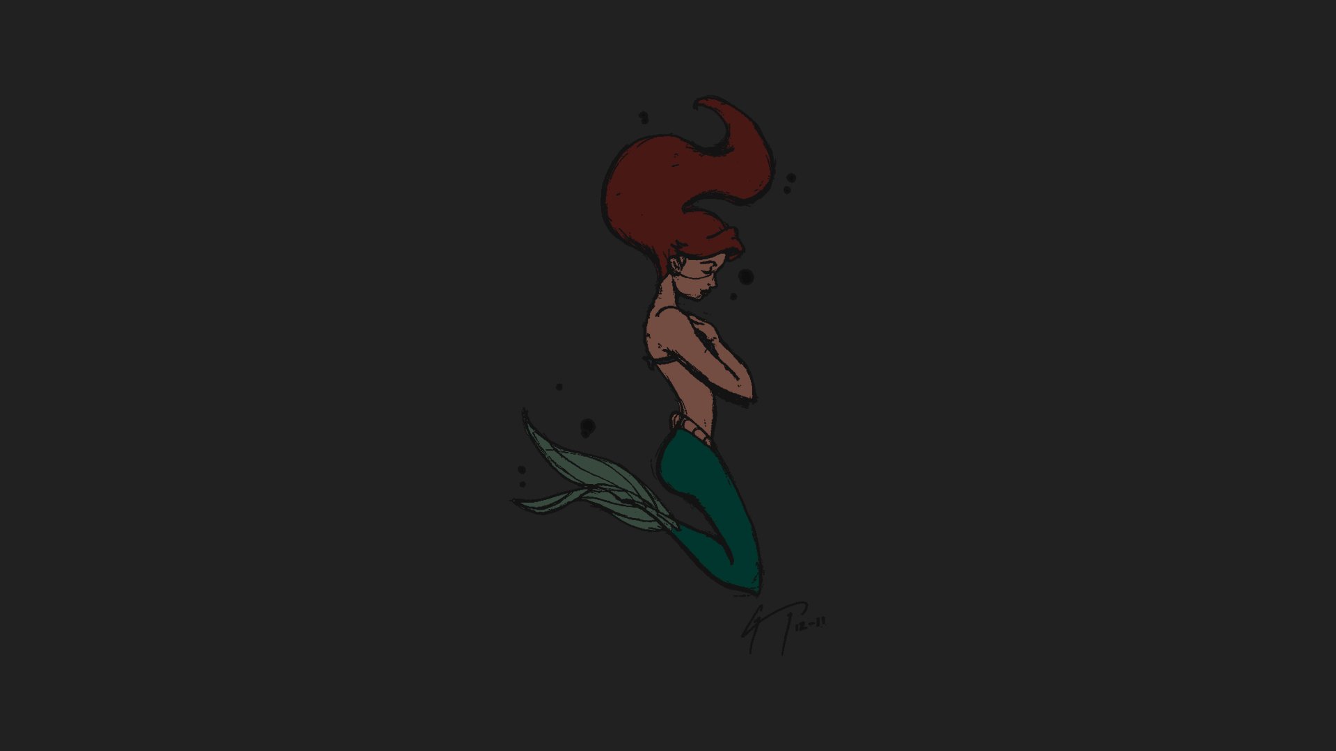 4K Ultra HD desktop wallpaper showing Ariel from Disney's The Little Mermaid (1989): red hair, green tail, arms crossed, floating against a dark minimalist background.
