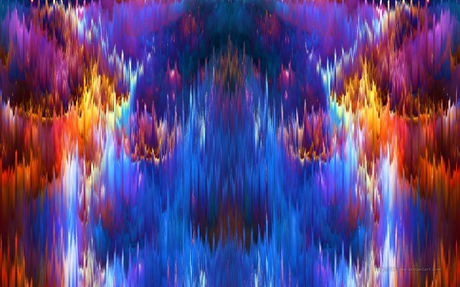 Vibrant CGI glitch art in blue and purple hues with colorful abstract digital patterns, designed as an HD PC desktop wallpaper and background.