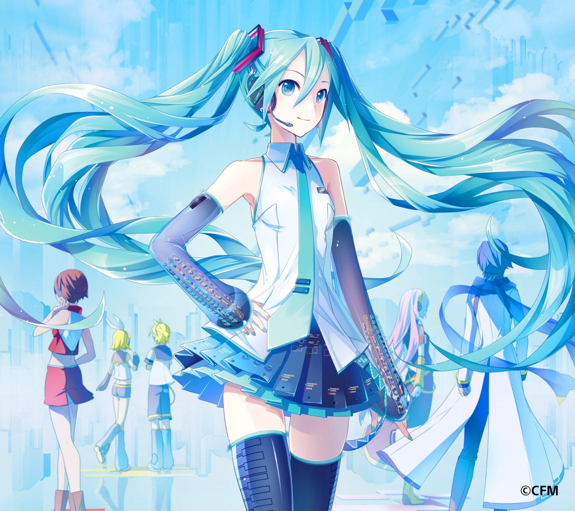HD PC wallpaper featuring Hatsune Miku with aqua twintails, headphones, and thigh highs, alongside Len Kagamine, Rin Kagamine, Luka Megurine, Kaito, and Meiko in anime style.