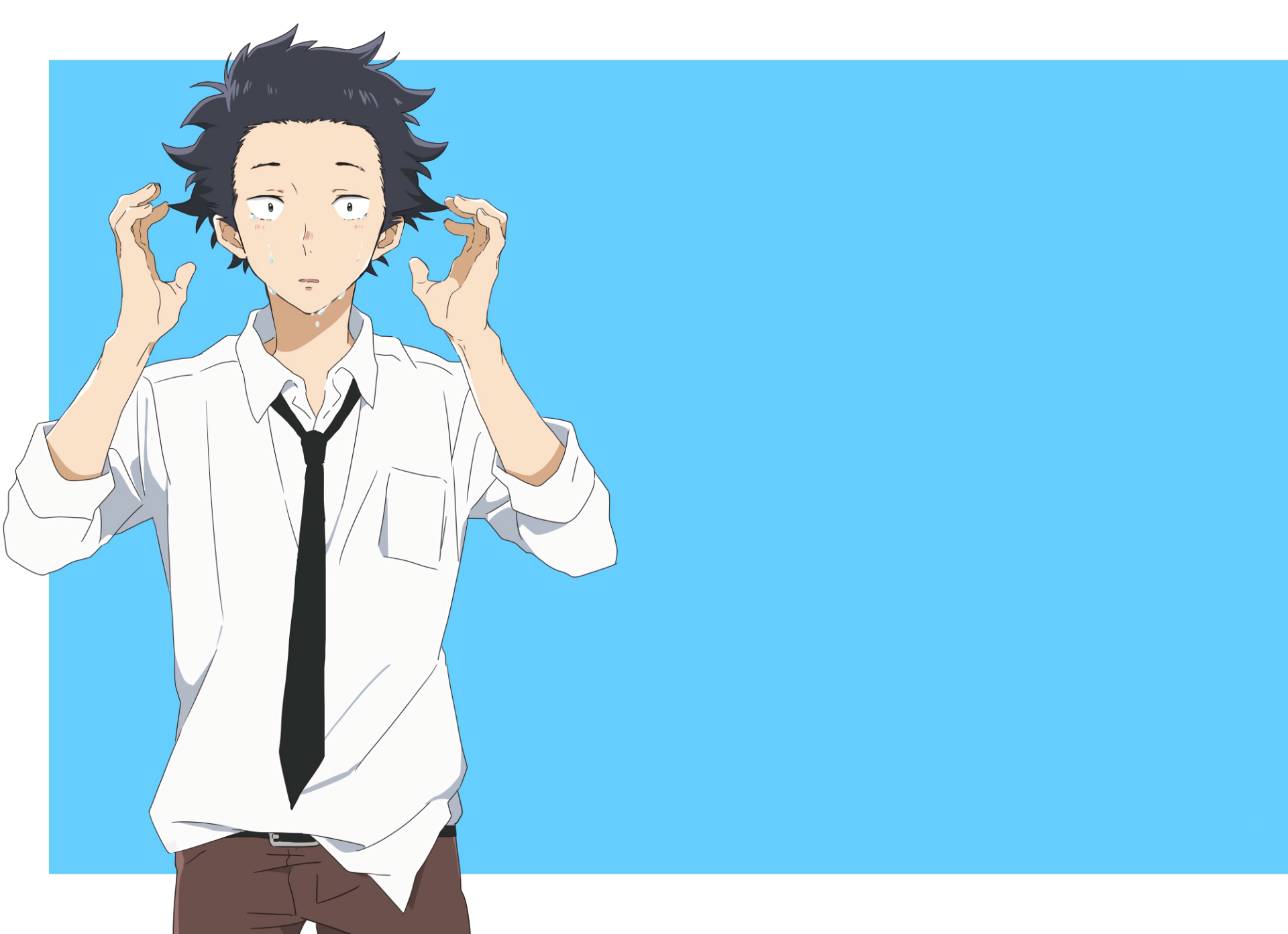 HD PC desktop wallpaper of Shouya Ishida from A Silent Voice — anime-style portrait in a white shirt and black tie against a solid sky-blue background.