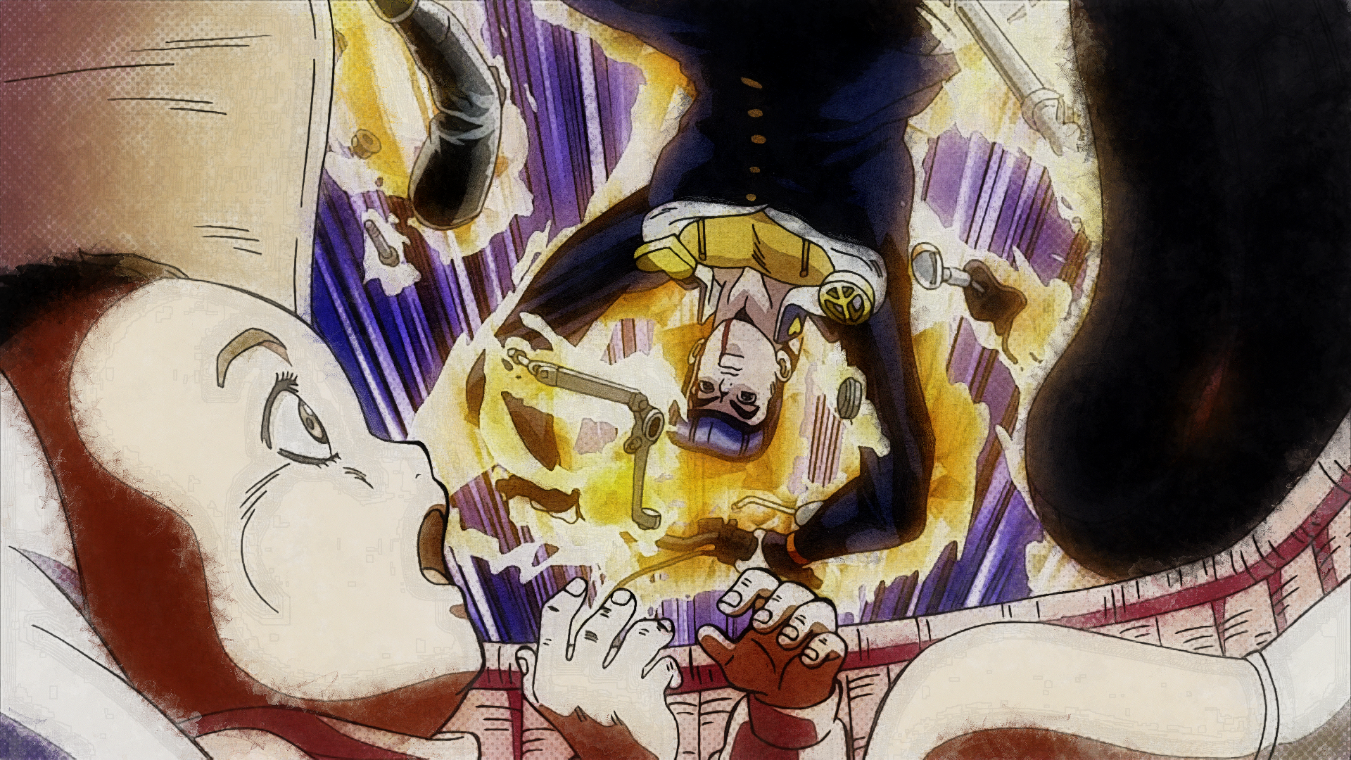 HD PC desktop wallpaper of Josuke Higashikata (JoJo's Bizarre Adventure): dynamic anime scene of him descending with a golden aura/Stand above shocked bystanders.