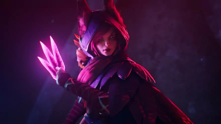 HD wallpaper featuring Xayah from League of Legends, showcasing her in a dynamic pose with glowing pink feathers, set against a dark, mysterious background.