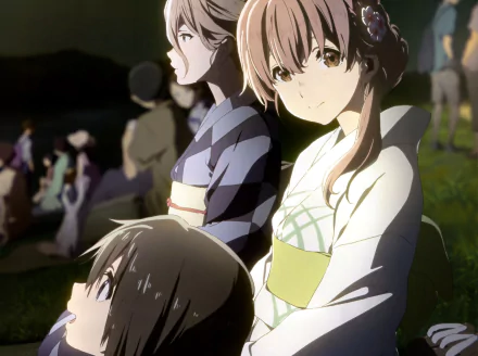 Anime HD wallpaper from A Silent Voice featuring Yae Nishimiya, Shouko Nishimiya, and Yuzuru Nishimiya in a serene night setting.