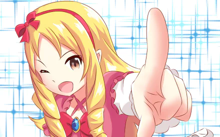 HD desktop wallpaper featuring Elf Yamada from the anime EroManga-Sensei, showcasing the character in a cheerful pose against a light blue, grid-patterned background.
