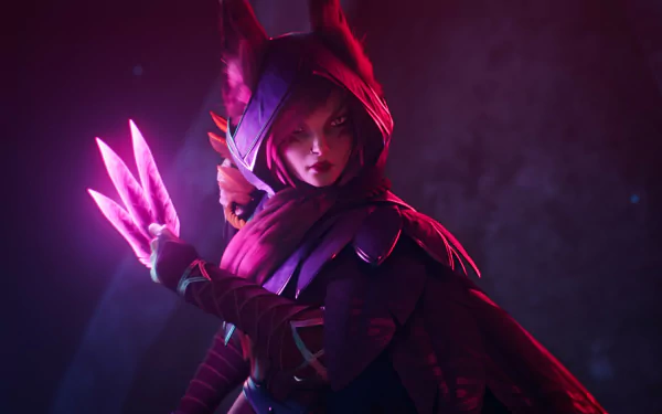 HD wallpaper featuring Xayah from League of Legends, showcasing her in a dynamic pose with glowing pink feathers, set against a dark, mysterious background.