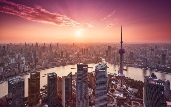 Man Made City Cities River China Shanghai Cityscape Horizon Building Skyscraper Sunset Sky HD Wallpaper | Background Image