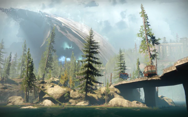 4K Ultra HD Destiny 2 PC wallpaper showcasing a serene landscape with tall pine trees, rocky terrain, and a large, curved structure under a cloudy sky.