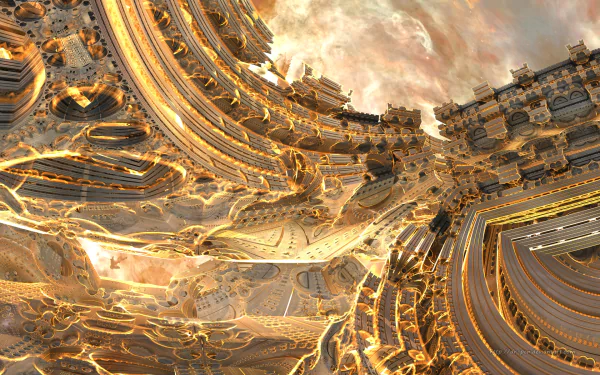 CGI 3D Mandelbulb fractal in yellow and orange hues glowing like fire, creating an intricate abstract design for an HD PC desktop wallpaper and background.