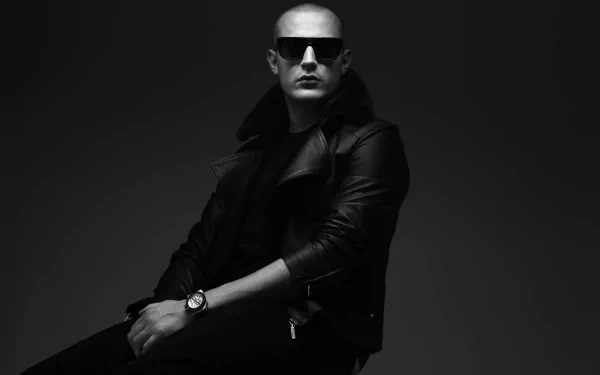 HD desktop wallpaper featuring a monochromatic portrait of a stylish man in sunglasses and a leather jacket, suitable as a background.
