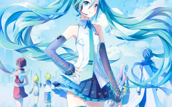 HD PC wallpaper featuring Hatsune Miku with aqua twintails, headphones, and thigh highs, alongside Len Kagamine, Rin Kagamine, Luka Megurine, Kaito, and Meiko in anime style.